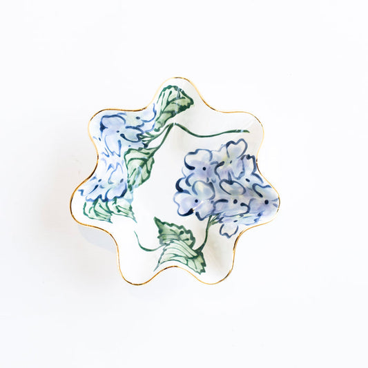 Adorn Blue Hydrangea Wavy Stoneware Bowl — Adorn Blue Hydrangea bowl showing its wavy edge and floral painting; Susan Gordon Pottery