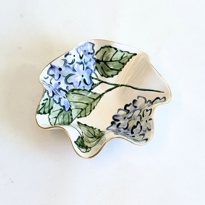 Adorn Blue Hydrangea Wavy Stoneware Bowl — close view of Blue hydrangea painting and Gold-luster rim; Susan Gordon Pottery