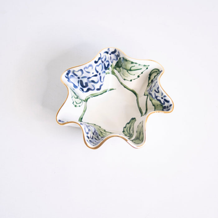 Adorn Blue Hydrangea Wavy Stoneware Bowl — angled view of the individual hand-painted bowl; Susan Gordon Pottery