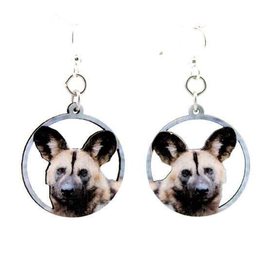 African wild dog earrings with mottled coat pattern, eco-friendly jewelry made in USA