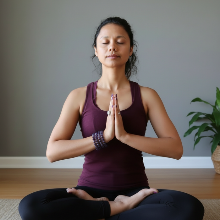 Woman in a purple tank top and black leggings sitting in a yoga pose with hands pressed together.