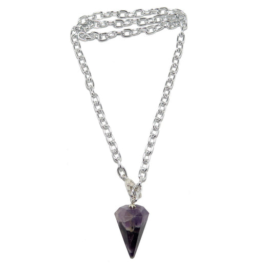 Necklace with a purple Amethyst crystal pendant on a white background