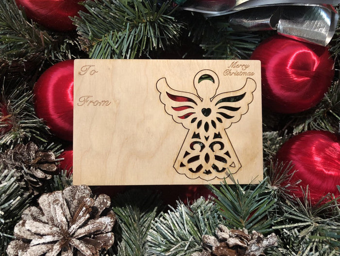 Angel holiday card — Christmas card with pop-out wood angel ornament, made in USA