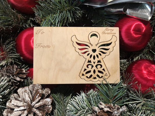 Angel holiday card — Christmas card with pop-out wood angel ornament, made in USA