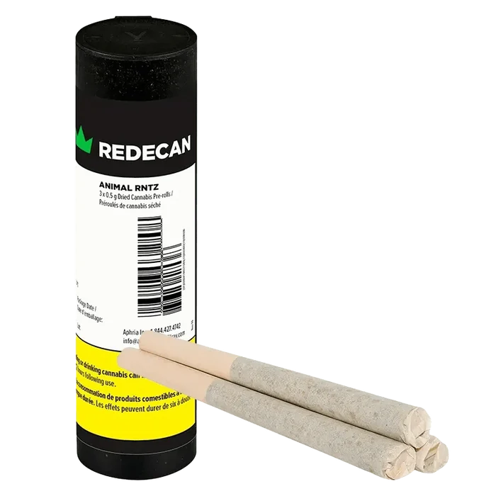 Front view of the Animal Rntz Pre Rolled 3 x 0.5 g pre-rolled pack with branding and information text on a white background.