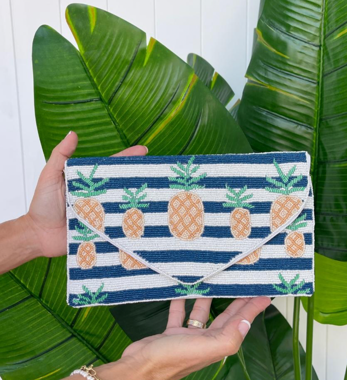 Anna Nova Navy and White Clutch with Pineapples