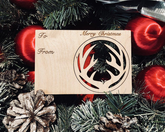 Antler holiday card — Christmas card with pop-out wood antler ornament, made in USA