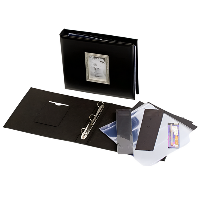 Black Award Keeper Album Kit showing the front view, inside, and protective sheets included on white background.