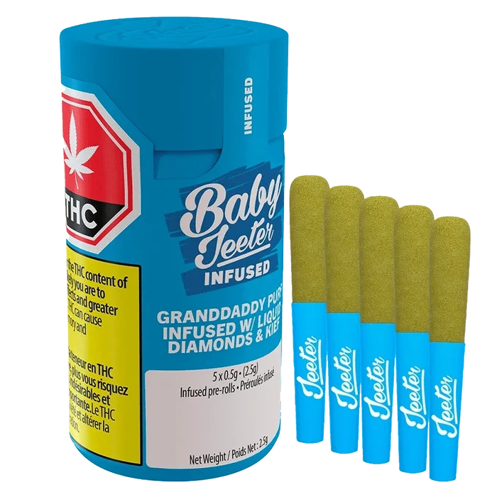 A close-up of the Baby Jeeter Grand Daddy Purp Infused Pre Rolled packaging, showing bold text and branding on a purple background.