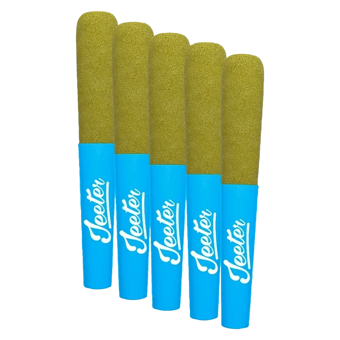 Front view of the Baby Jeeter Grand Daddy Purp Infused PR, showcasing five 0.5g cartridges arranged against a plain white background.