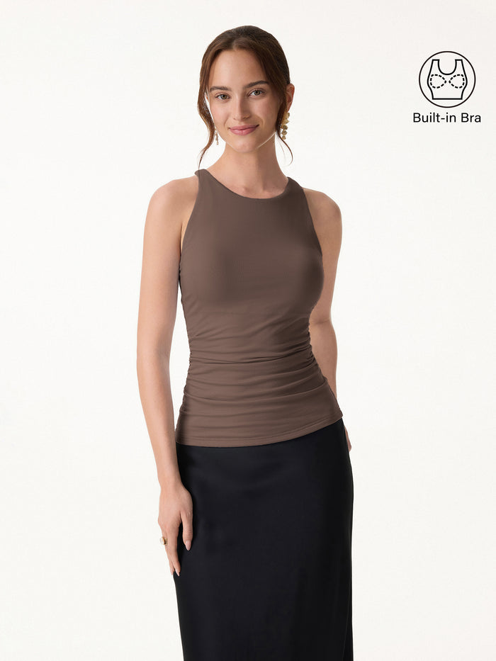 OGLmove Back Smoothing Ruched Sleeveless Bandless Bra Top Chocolate Brown XS