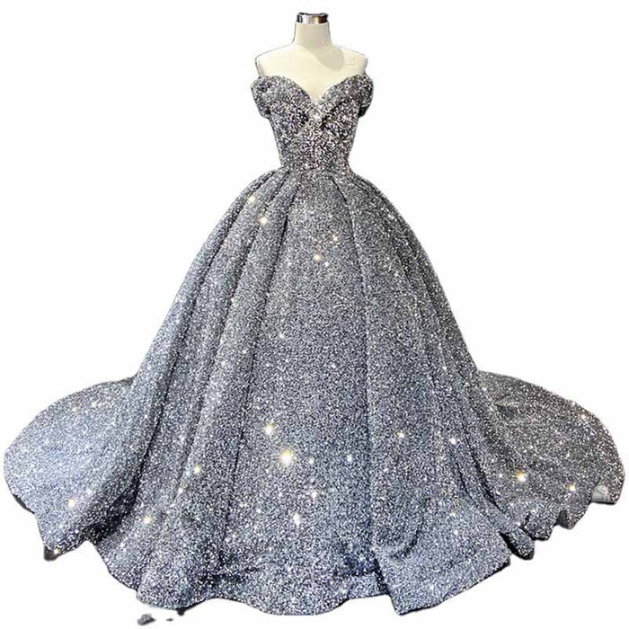 Ball Gown Sleeveless Off-the-Shoulder Court Train Sequin Metallic Dresses With Tail