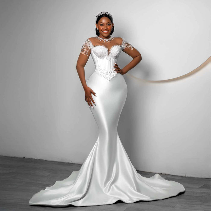 Beaded Illusion Neck Mermaid Wedding Dress – Satin Gown with Cap Sleeves & Train