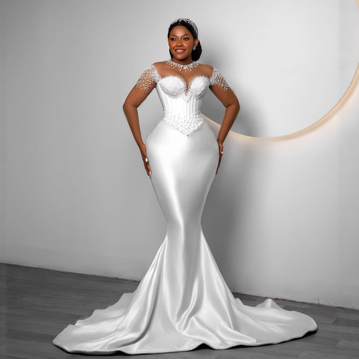 Beaded Illusion Neck Mermaid Wedding Dress – Satin Gown with Cap Sleeves & Train