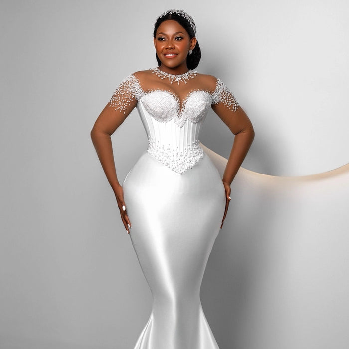 Beaded Illusion Neck Mermaid Wedding Dress – Satin Gown with Cap Sleeves & Train