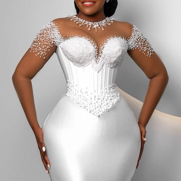Beaded Illusion Neck Mermaid Wedding Dress – Satin Gown with Cap Sleeves & Train