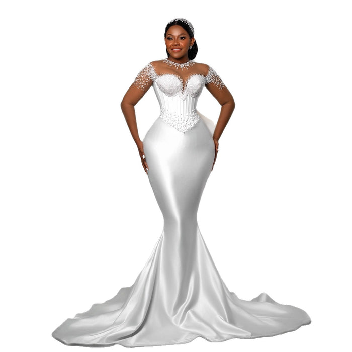 Beaded Illusion Neck Mermaid Wedding Dress – Satin Gown with Cap Sleeves & Train