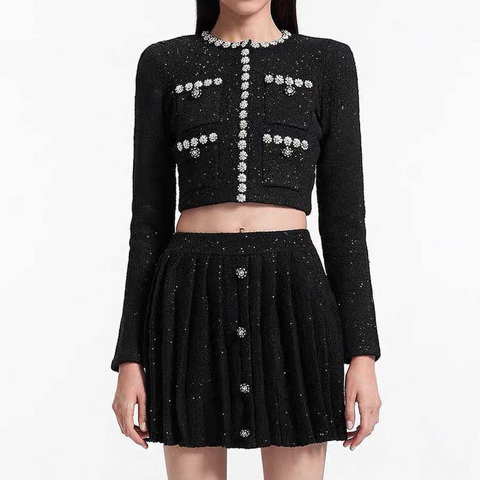 Beaded Knit Top Skirt Suit Button-Up Cardigan Jacket + Mini Skirt Set