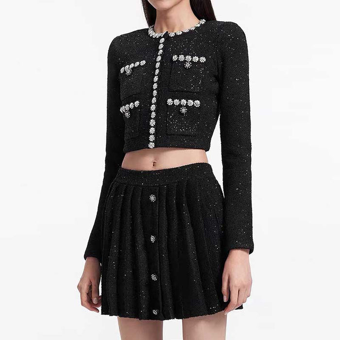 Beaded Knit Top Skirt Suit Button-Up Cardigan Jacket + Mini Skirt Set