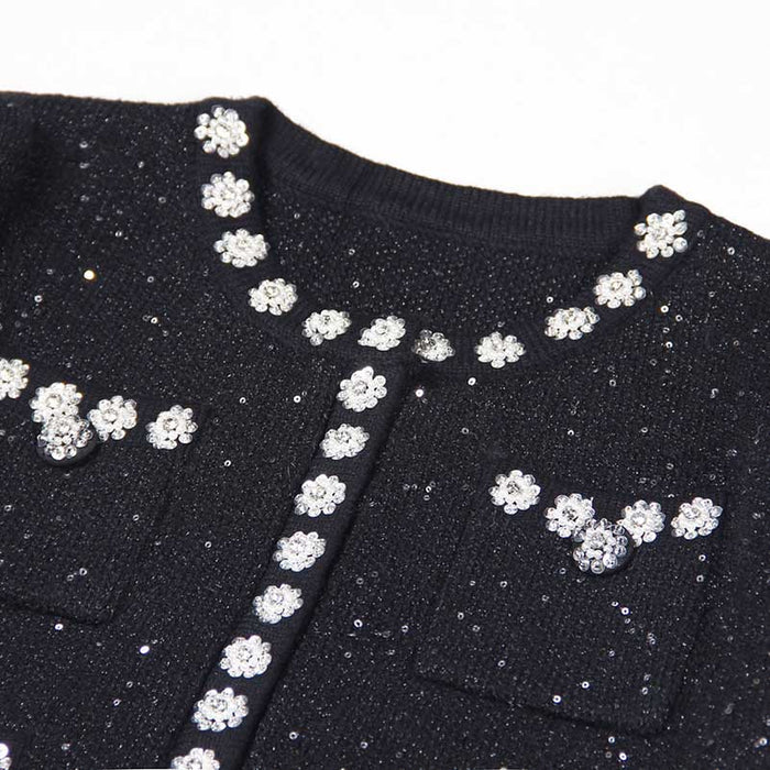 Beaded Knit Top Skirt Suit Button-Up Cardigan Jacket + Mini Skirt Set