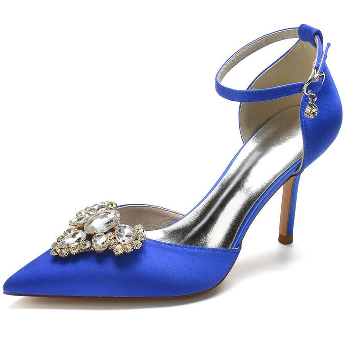 Elegant blue beaded pointed toe prom heels by SD Dresscode & Fashiontrends with ankle strap and jewel embellishments