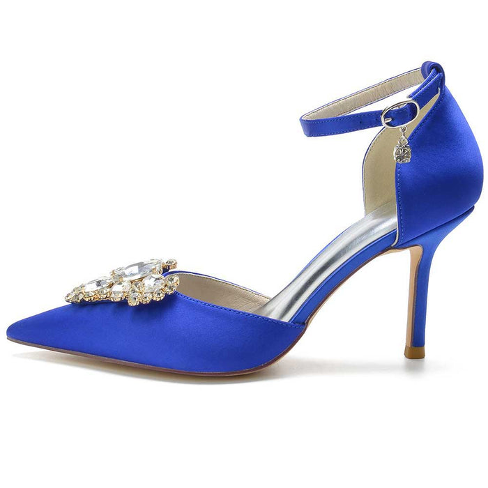 Blue beaded pointed toe prom heels with ankle strap and elegant embellishment