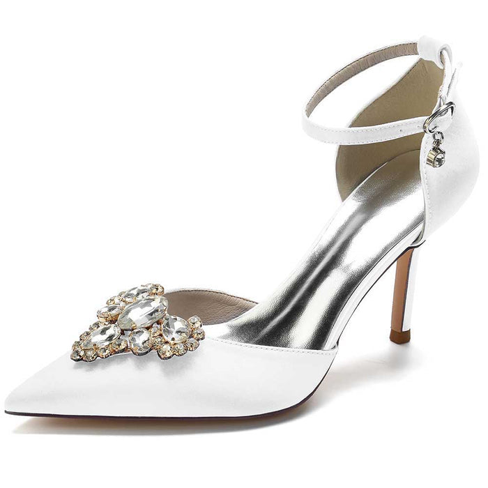 Elegant white beaded pointed toe prom heels with ankle strap and jewel embellishment for formal occasions