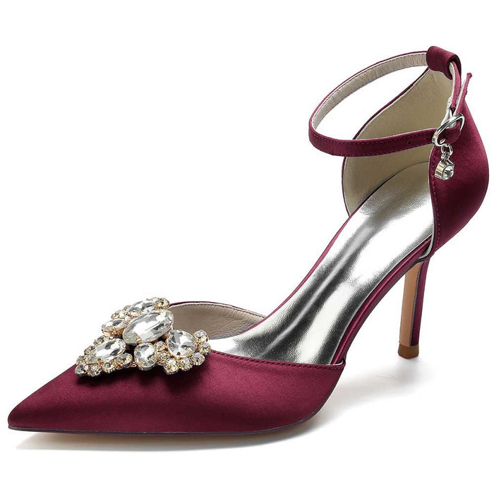 Burgundy beaded pointed toe prom heels with elegant ankle strap and embellished details