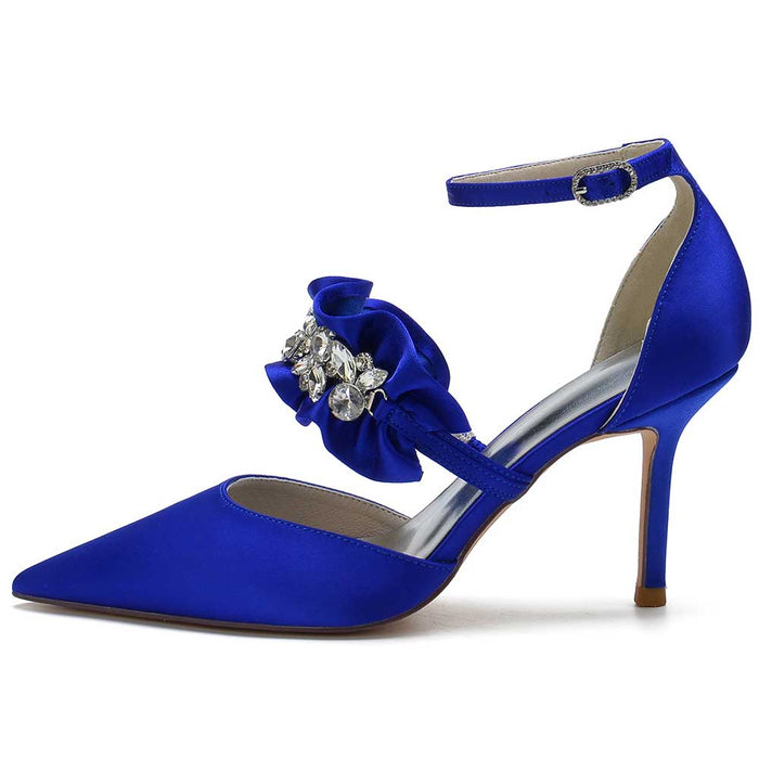 Elegant blue beaded pointed toe pumps with a satin finish and decorative flower detail