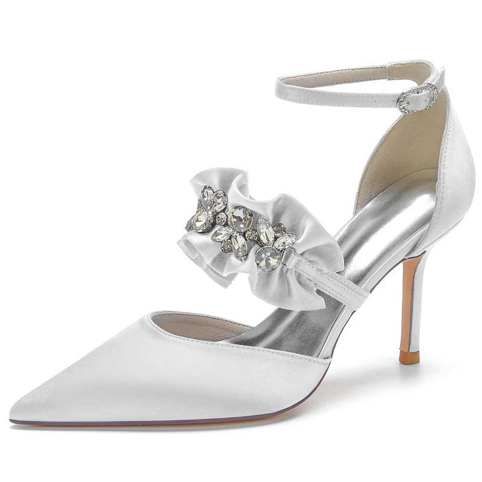 SD Dresscode beaded pointed toe pumps in white satin with decorative ruffle and gemstones