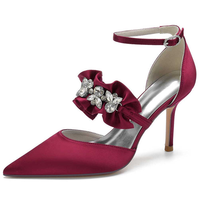 SD Dresscode beaded pointed toe pumps in burgundy with an elegant ruffle and jewel embellishment