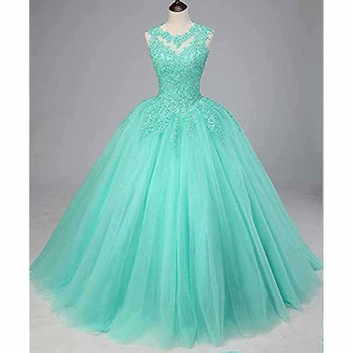 Elegant beaded quinceanera dresses in mint green with a full tulle skirt and lace bodice detailing