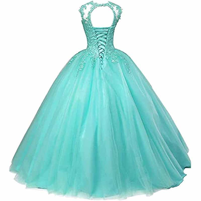 Back view of a stunning beaded quinceanera dress in mint green with lace-up detailing