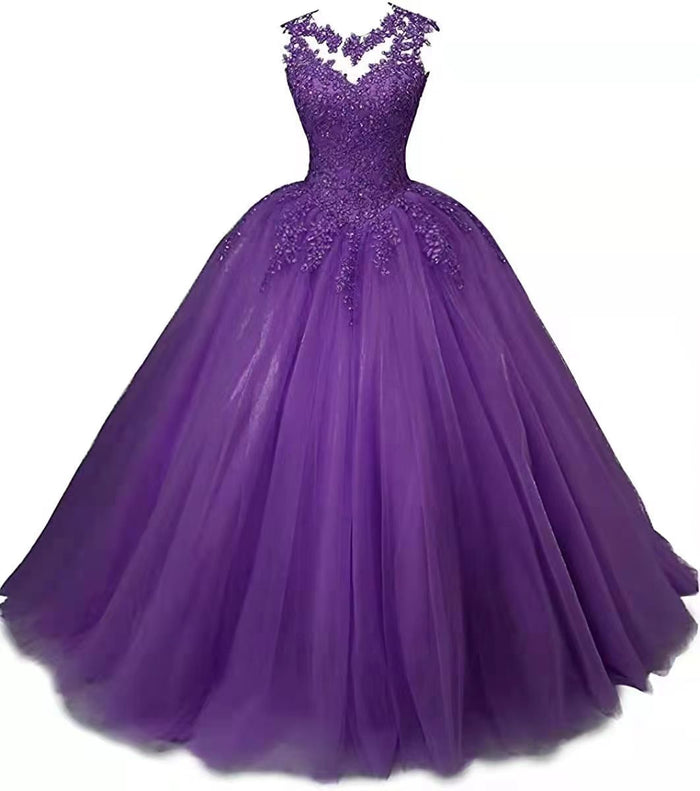 Elegant purple beaded quinceanera dresses with a full tulle skirt and intricate neckline design