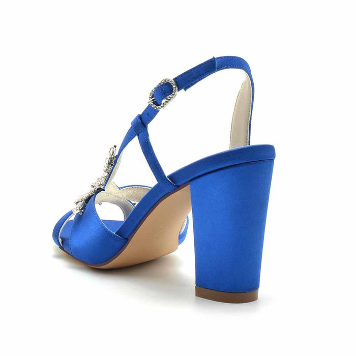 Elegant blue beaded satin prom sandals with a stylish high heel and adjustable strap