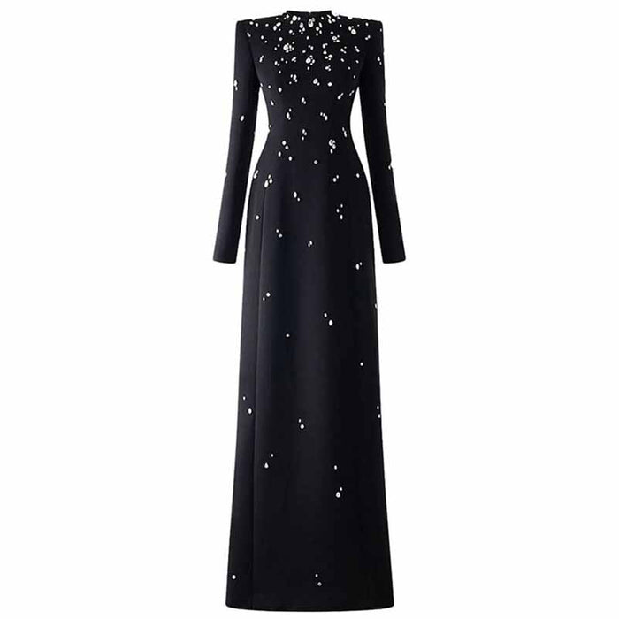 Beaded Stone Embellished Long Sleeve Dress Black Maxi Dress