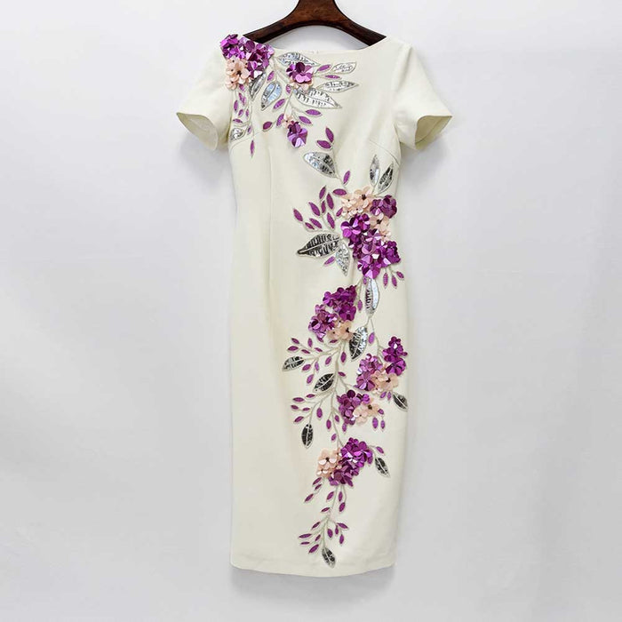 Beige Floral Print Bodycon Midi Dress – Short Sleeve Elegant Cocktail Dress for Parties, Dates & Wedding Guests