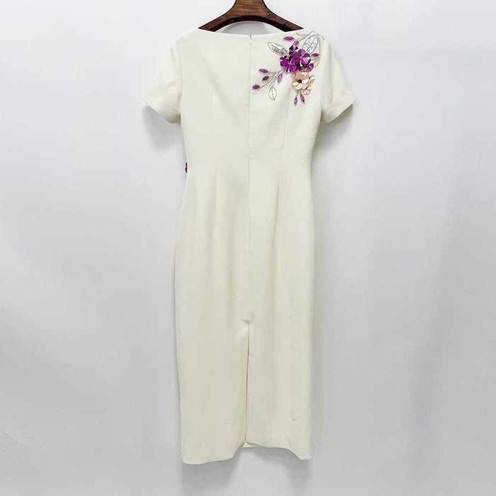 Beige Floral Print Bodycon Midi Dress – Short Sleeve Elegant Cocktail Dress for Parties, Dates & Wedding Guests