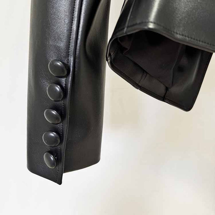 Belted Faux Leather 1-Button Jacket Black
