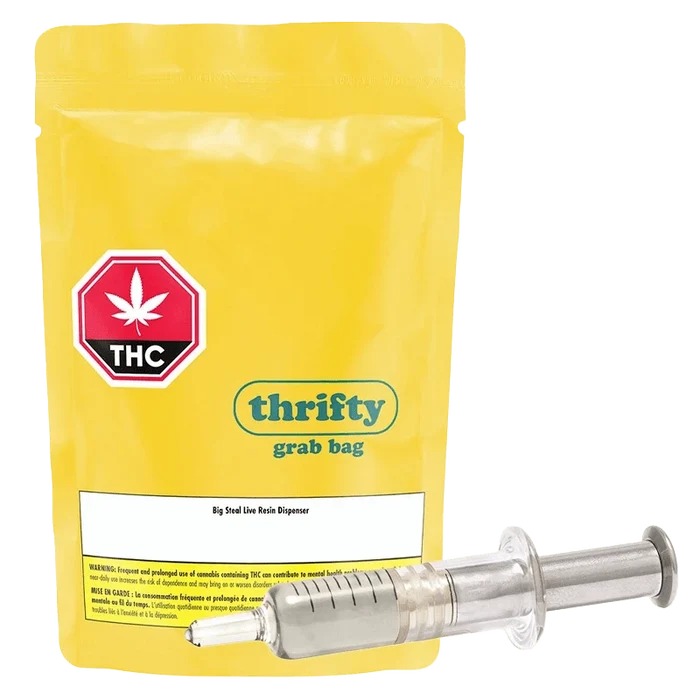 Front view of the Big Steal Live Resin Dispenser with a white label and black lettering on a gray background.