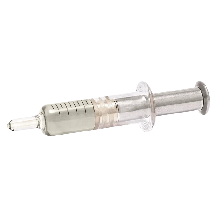 Front view of the Big Steal Live Resin Dispenser, a clear, cylindrical tool with a slender tip and visible internal markings.