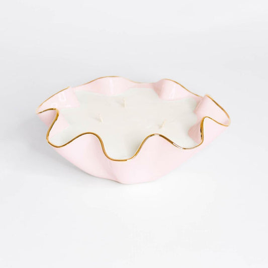 Bijou Soy Candle in Gold-Luster Stoneware — Peony Bijou candle showing its wide wavy rim; Susan Gordon Pottery
