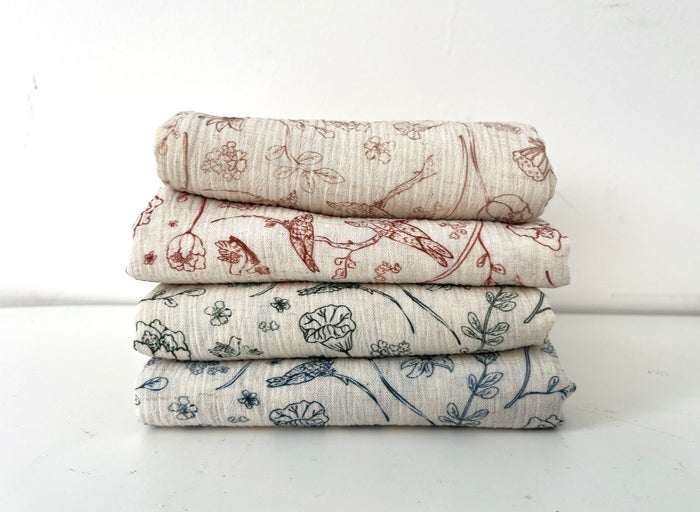 Birds of a Feather, Linen Rayon Print Fabric, Design by Madeline, Madswick Studio, 8222 8223 8224 8225