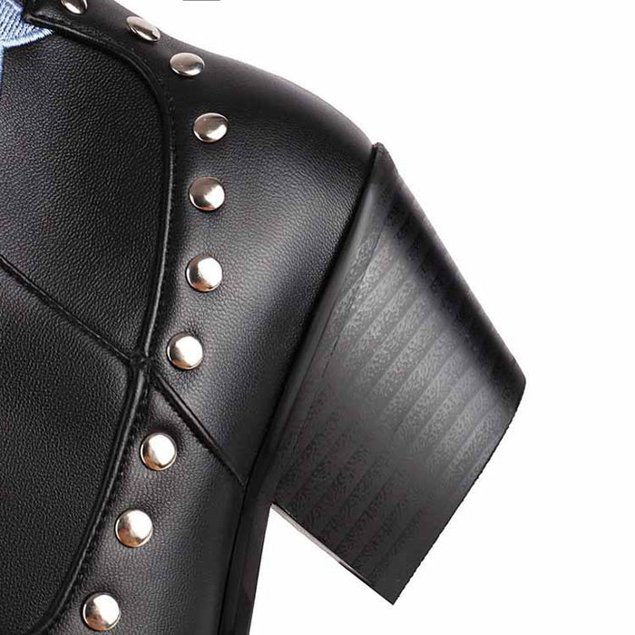 Black Cowboy Embroidery Boots for Women Chunky Knee High Cowgirl Boots
