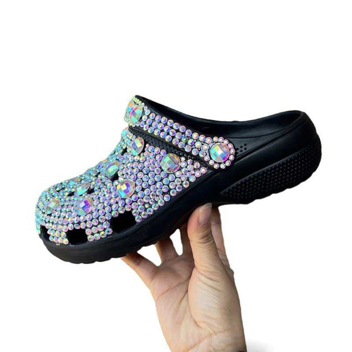 Black Crocs Closed Toe Clog Shoes Rhinestone Beads Mules Slip on Sandals