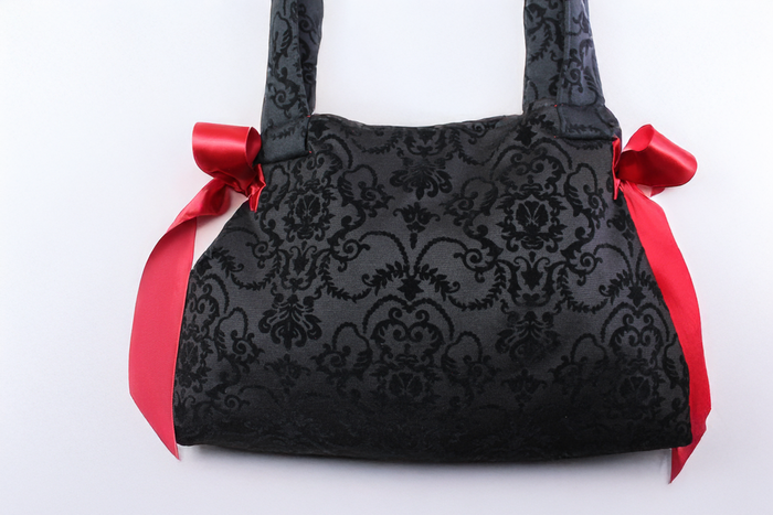 Black Damask Handbag with Red Ribbon Bows