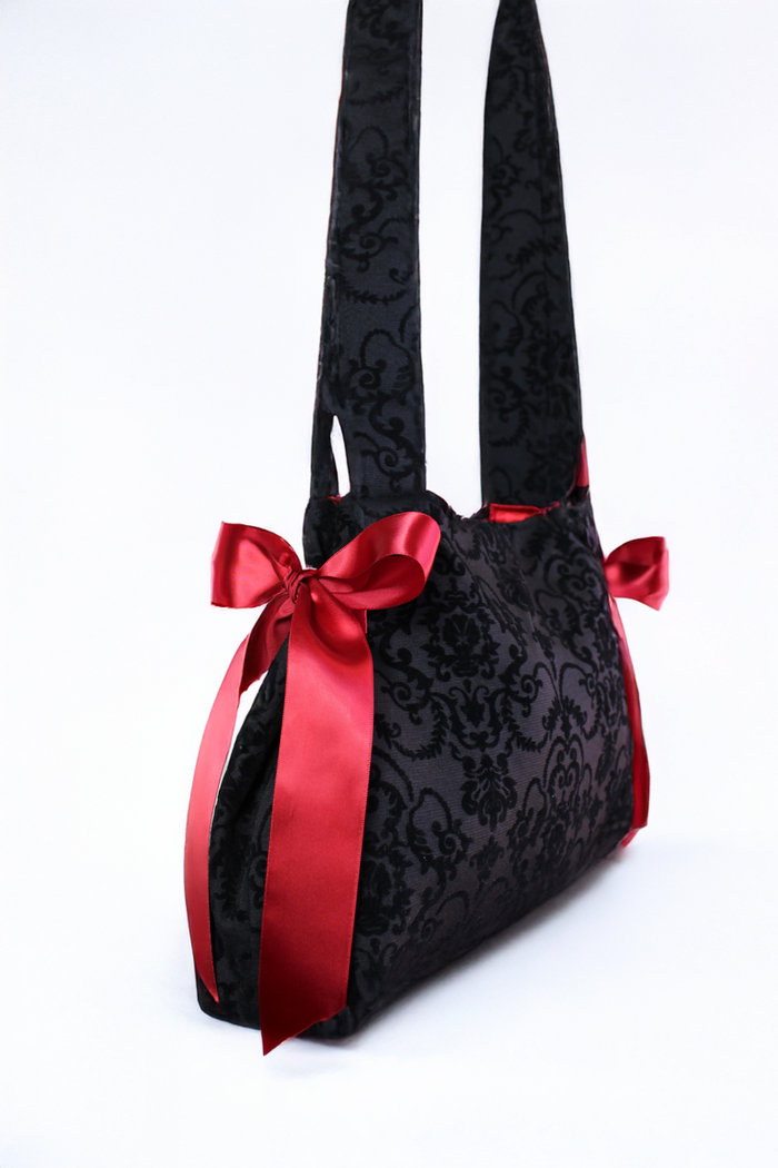 Black Damask Handbag with Red Ribbon Bows