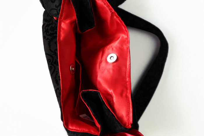Black Damask Handbag with Red Ribbon Bows