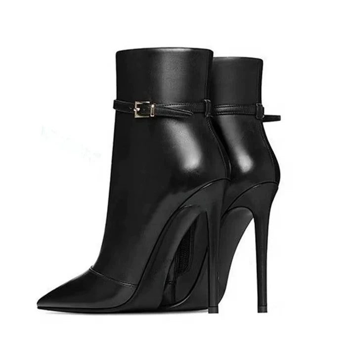 Black Faux Leather Pointed Toe Stiletto Ankle Boots with Buckle Strap