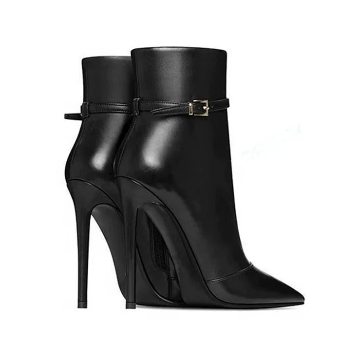 Black Faux Leather Pointed Toe Stiletto Ankle Boots with Buckle Strap